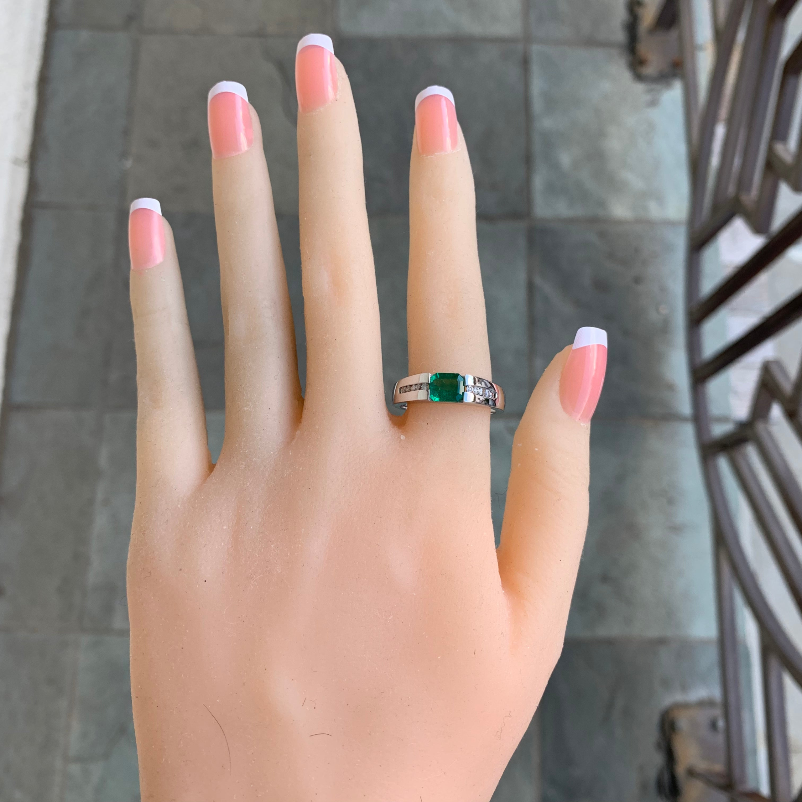 Green Emerald and Diamond Engagement Ring, 14 Karat Gold, Ben Dannie - Image 6